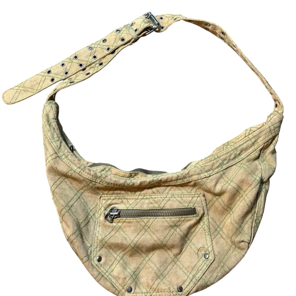 Slouchy Y2K Vintage Canvas Hobo Bag Green Contrast Stitch Grommet Strap Utility